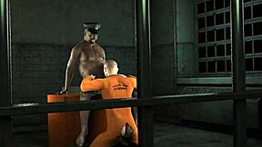 3d cartoon prisoner drilled by chubby black cop