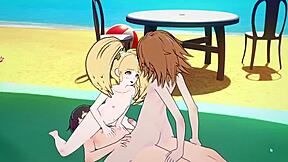 Chihiro ja Hiyoko panemassa rannalla