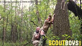 Muscle bear bangs twink sons bareback in forest scout camp