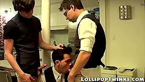 Threesome twinks banging hard in office anal session