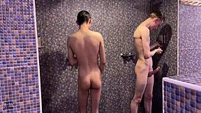 Beautiful Blonde Twinks Suck Huge Uncut Cocks In Public Gym Shower