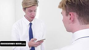 young blonde twinks lick asses and fuck missionary creampie in church uniform