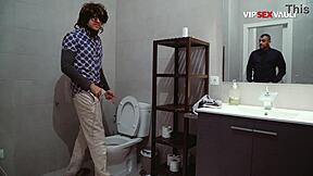 Muscular guy pulls pants down bent over sink for rough doggy anal