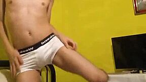 Young gay twink strip tease with a bareback scene