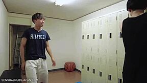 Young Asian guys have fun with each other in a public bathhouse