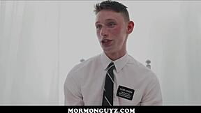 Young Mormon twink's big cock masturbation in church