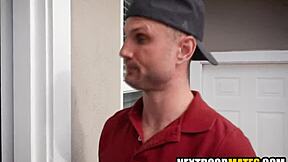 Muscular customers get a threesome with a delivery boy and a sex toy