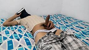 Enjoying solo pleasure with VR glasses while watching porn