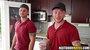 Muscular customers get a threesome with a delivery boy and a sex toy