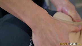 Muscular young gay gets anal creampie in the locker room