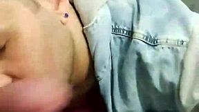 Gay guy gives blow job on a fire escape in the shopping mall
