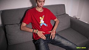 skinny twink jerks in condom till it breaks with huge load