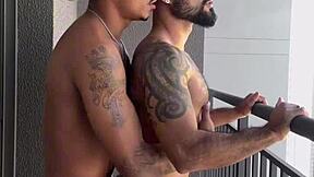 Wow, pounding hard on the building balcony with intense action! Who’s watching?