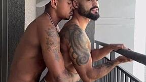 Wow, pounding hard on the building balcony with intense action! Who’s watching?