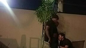 Night security guards bareback ass fucking outdoors in Brazilian public work spot