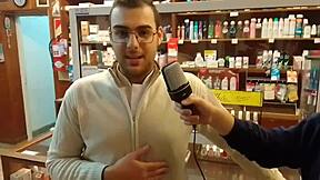 Fat little slut bends over and inserts microphone into his ass for masturbation