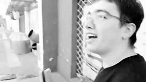 Fat little slut bends over and inserts microphone into his ass for masturbation