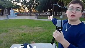 Fat little slut bends over and inserts microphone into his ass for masturbation