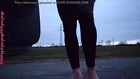 Amateur crossdresser explores outdoor fetish in leggings and shoes.