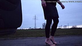 Amateur crossdresser explores outdoor fetish in leggings and shoes.