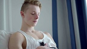 blond twink carter jerks off his cock in close-up solo masturbation