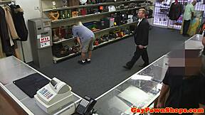 Spitroasted pawnshop jock fucked deeply in amateur hidden cam threesome! Hidden reality spying on straight voyeur action.