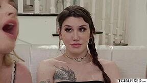 Triple stacked shemales in lingerie surprise with bareback anal fucking, ass licking, deepthroat blowjobs in insane group 3some