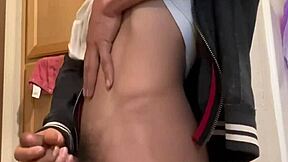 Amateur twink with monster cock jerks off cumshot before school starts