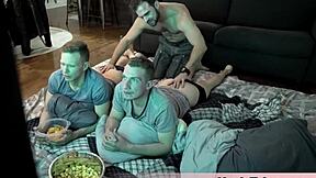 Muscle gay studs feel deep connection kissing and bareback fucking in magic threesome movie night