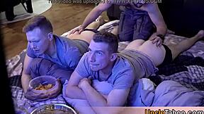 Muscle gay studs feel deep connection kissing and bareback fucking in magic threesome movie night