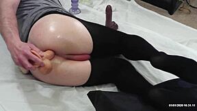 Solo Boy In Black Tights Oils Up And Fucks His Ass Hard With Multiple Toys