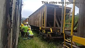 Brazilian Ebony Workers Bareback Fuck Passive Colleague Outdoors with Interracial Orgy Creampie