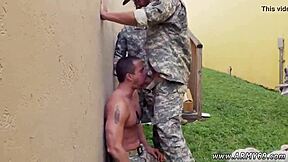 Three military men get drilled rough in outdoor raw fucking group action. The drill sergeant leads the intense session.