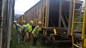 Brazilian Ebony Workers Bareback Fuck Passive Colleague Outdoors with Interracial Orgy Creampie