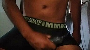 peeling cock head in underwear then piss on face