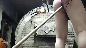 Big-Ass Russian Tattoo Slut Bent Over For Monster Cock And Broom Anal Outdoors