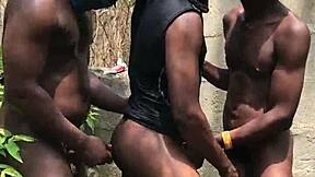 Suggestive Outdoor Threesome Bent Over Doggystyle Creampie