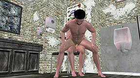 Handsome man rides another dick in mens toilet