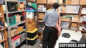 Loss prevention officer catches a perp masturbating in public and fucks him in the back room