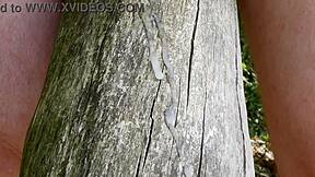 Masturbating naked outdoors with big cumshot