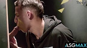 Janitor cleans cum from gloryhole and finds cock
