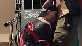ginger guy in leather gets on his knees for blowjob