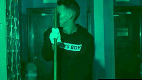 Janitor cleans cum from gloryhole and finds cock