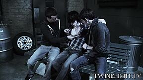 Three young gays making out before intense anal play.